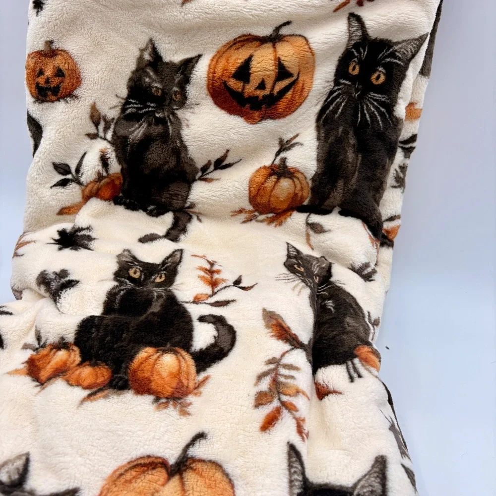 The Hallow Manor Black Cat Pumpkin Oversized Plush Throw Blanket 60x70 Halloween